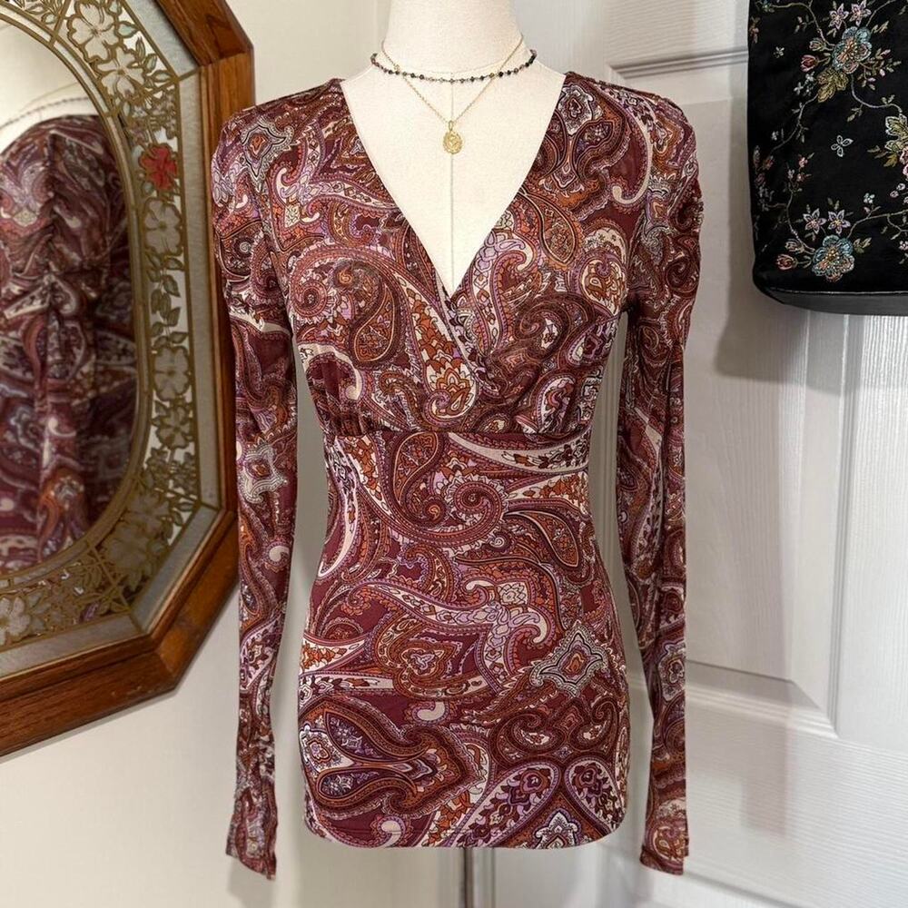 INC International Concepts Orange & Purple Paisley Mesh Long Sleeve Whimsy Top